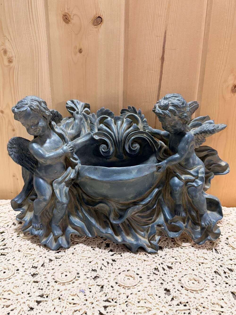 Vintage Cherubs Wall Pocket Planter Scallop Shell Resin Hanging Decor Bird Bath